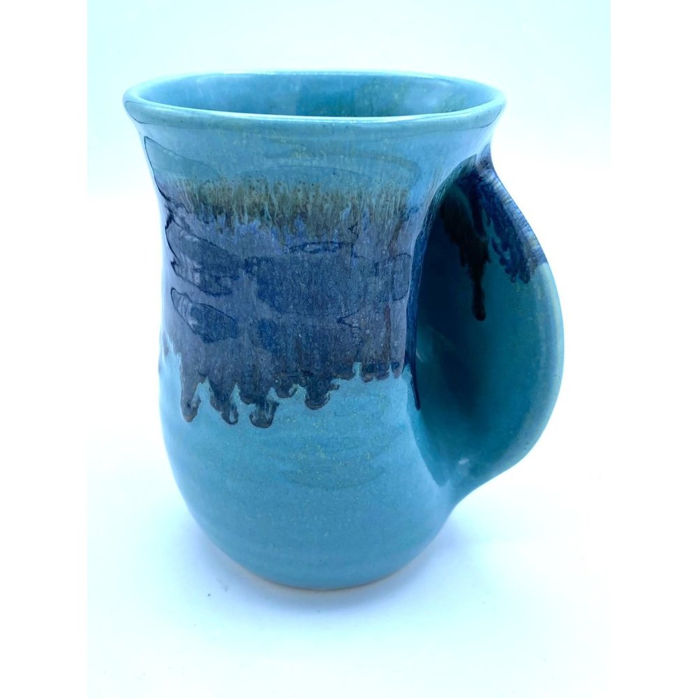 Blue Drip Glaze Pottery Hand Warmer Mug Signed Artist Neher